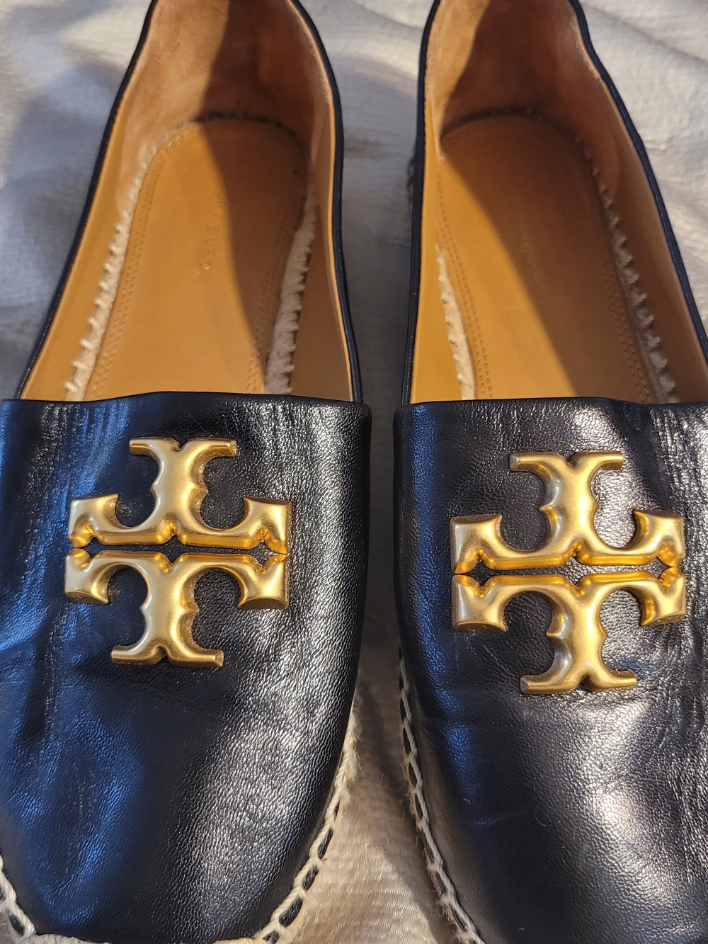 Tory Burch Black Leather Espadrille Flats with Gold Logo - Picture 13 of 13